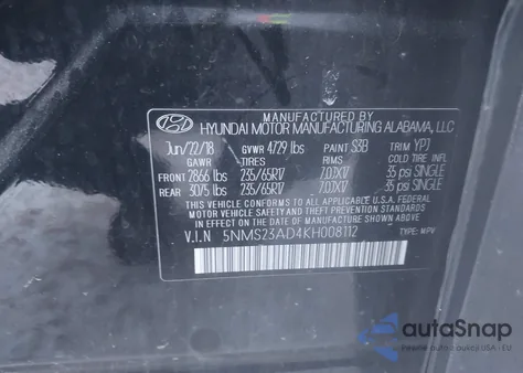 2019 Hyundai Santa Fe Se from USA, damaged, VIN 5NMS23AD4KH008112